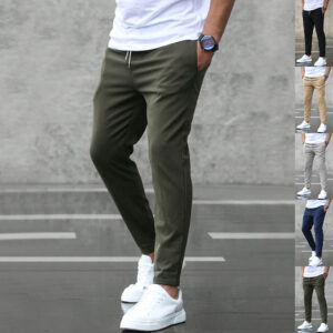 Men's Casual Spring Pants With Pockets Fashion Slim Fit Drawstring Trousers