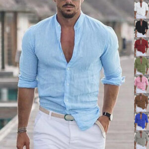 Men's Long Sleeve Shirt With Button Casual Solid Color Tops For Summer